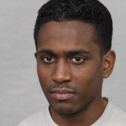Neutral black young-adult male with short  black hair and brown eyes