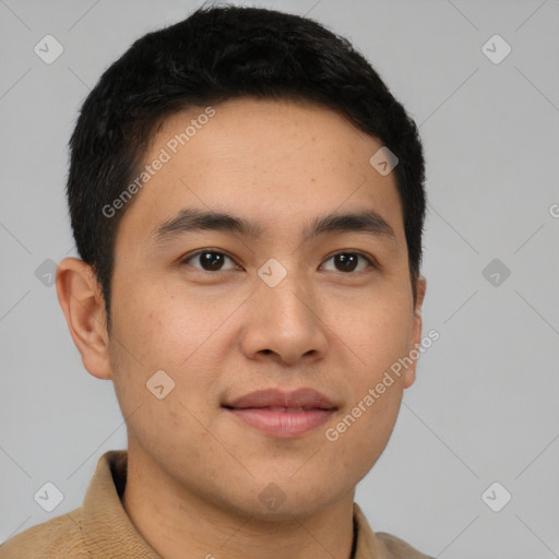 Joyful latino young-adult male with short  brown hair and brown eyes