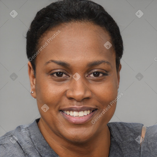 Joyful black young-adult female with short  brown hair and brown eyes