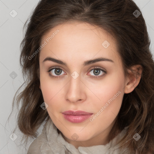 Neutral white young-adult female with medium  brown hair and brown eyes