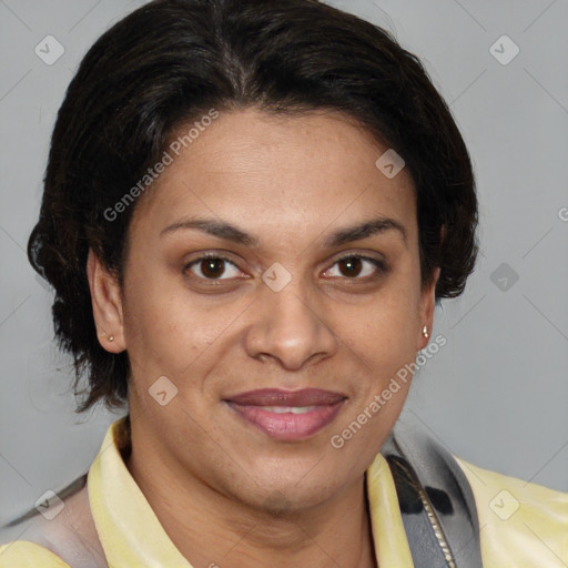 Joyful latino young-adult female with medium  brown hair and brown eyes