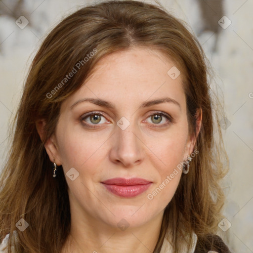 Joyful white young-adult female with long  brown hair and green eyes