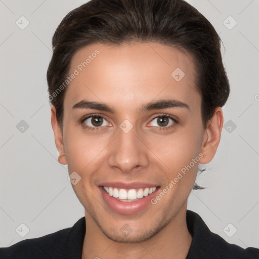 Joyful white young-adult female with short  brown hair and brown eyes