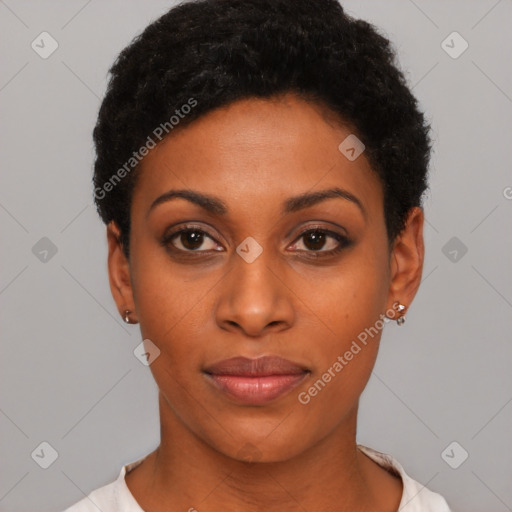 Joyful latino young-adult female with short  black hair and brown eyes