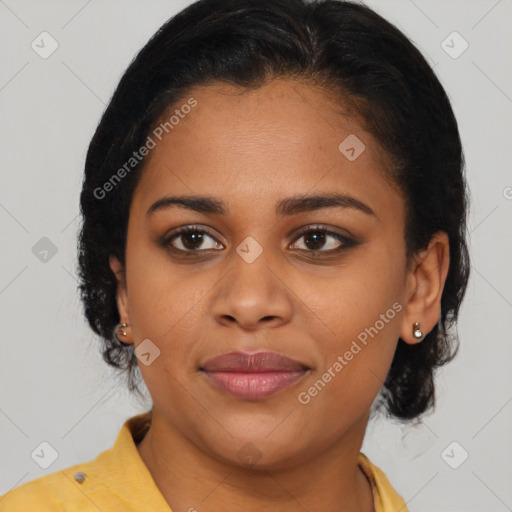 Joyful latino young-adult female with medium  brown hair and brown eyes