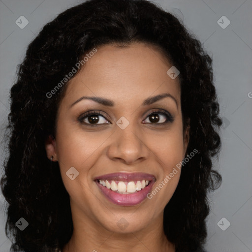 Joyful latino young-adult female with long  brown hair and brown eyes