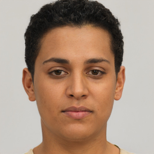 Neutral latino young-adult female with short  brown hair and brown eyes
