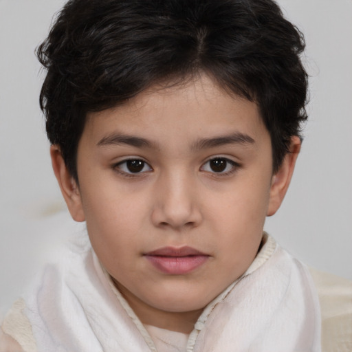 Joyful white child female with short  brown hair and brown eyes