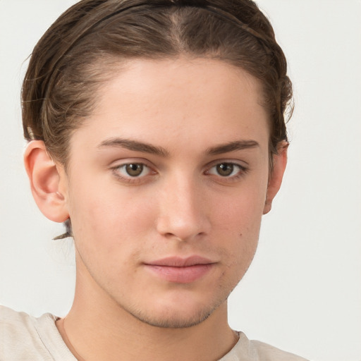 Neutral white young-adult female with short  brown hair and brown eyes