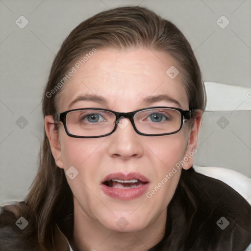 Joyful white young-adult female with medium  brown hair and blue eyes