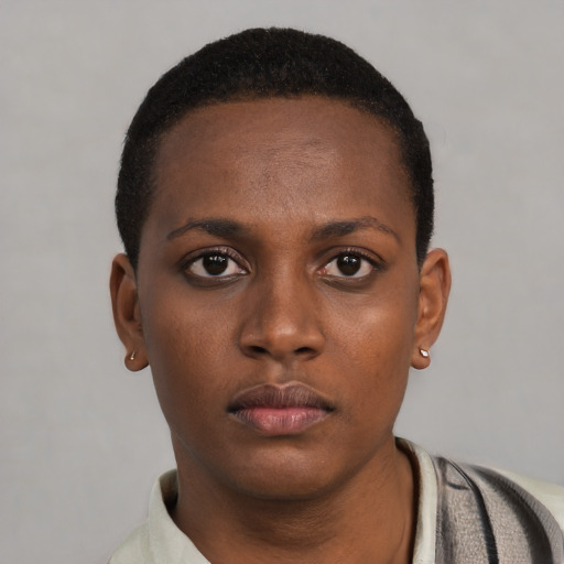 Neutral black young-adult female with short  black hair and brown eyes