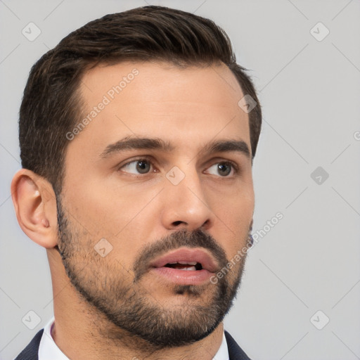 Neutral white young-adult male with short  brown hair and brown eyes