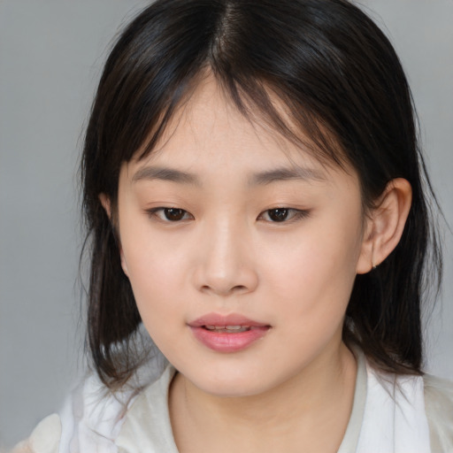 Neutral asian young-adult female with medium  brown hair and brown eyes