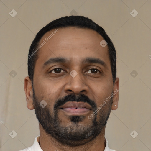 Neutral latino adult male with short  black hair and brown eyes