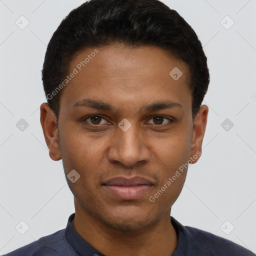 Joyful black young-adult male with short  black hair and brown eyes