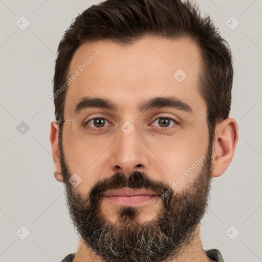 Neutral white young-adult male with short  brown hair and brown eyes