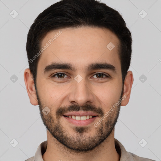 Joyful white young-adult male with short  brown hair and brown eyes