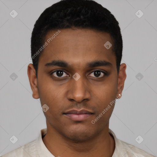 Neutral latino young-adult male with short  black hair and brown eyes