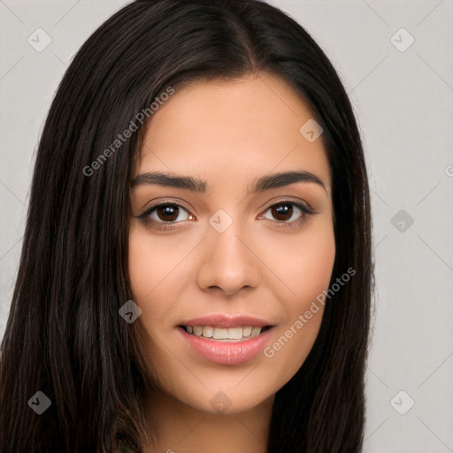 Joyful white young-adult female with long  brown hair and brown eyes