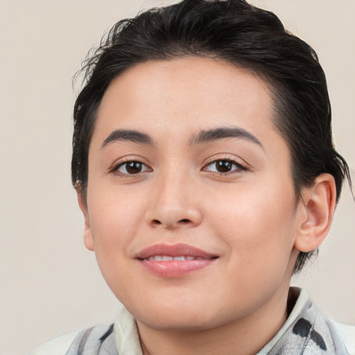 Joyful white young-adult female with medium  brown hair and brown eyes