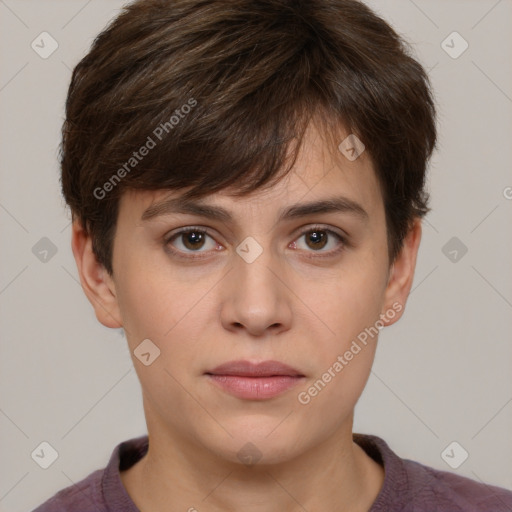 Neutral white young-adult female with short  brown hair and brown eyes