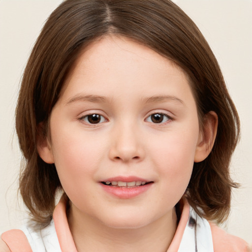 Joyful white child female with medium  brown hair and brown eyes