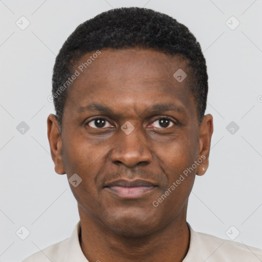 Neutral black adult male with short  black hair and brown eyes