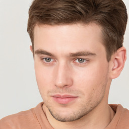 Neutral white young-adult male with short  brown hair and grey eyes