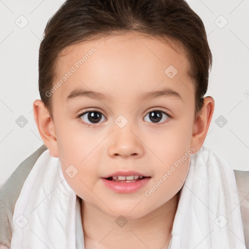 Joyful white child female with short  brown hair and brown eyes