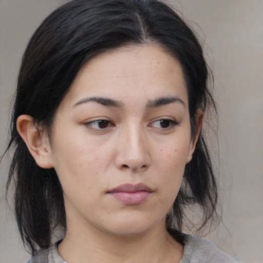 Neutral asian young-adult female with medium  black hair and brown eyes