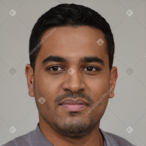 Neutral latino young-adult male with short  black hair and brown eyes