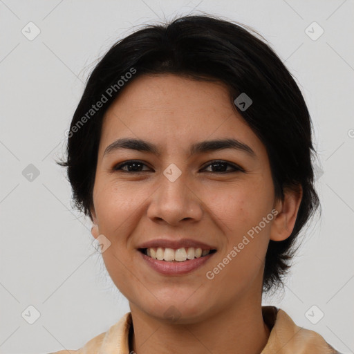 Joyful asian young-adult female with medium  black hair and brown eyes