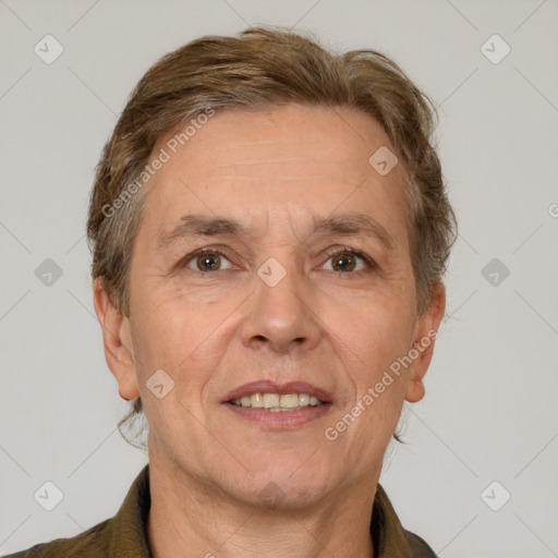 Joyful white adult male with short  brown hair and grey eyes