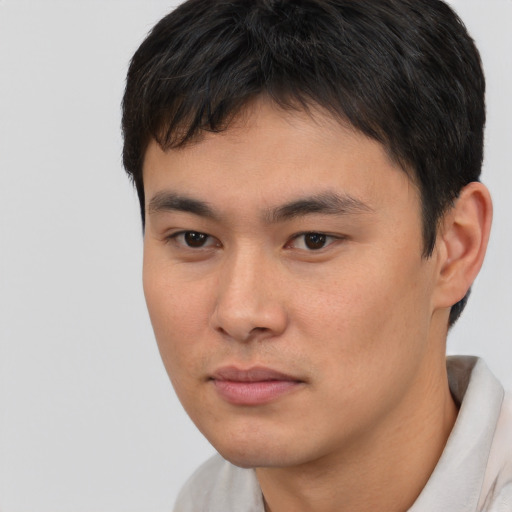 Neutral asian young-adult male with short  brown hair and brown eyes