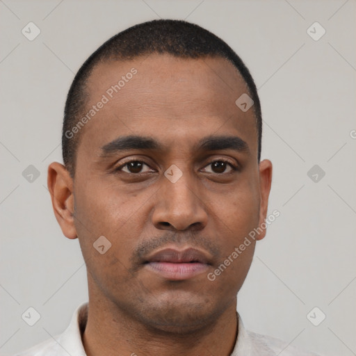 Neutral black young-adult male with short  black hair and brown eyes