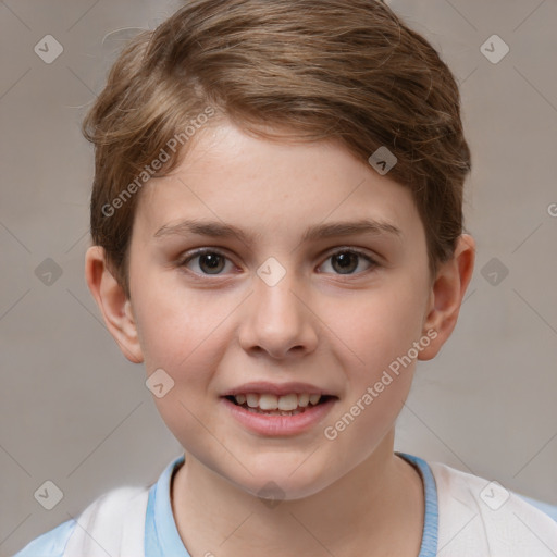 Joyful white child female with short  brown hair and brown eyes