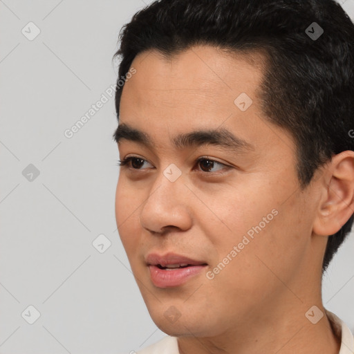 Neutral asian young-adult male with short  black hair and brown eyes