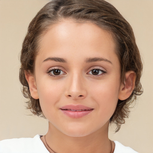 Joyful white child female with medium  brown hair and brown eyes