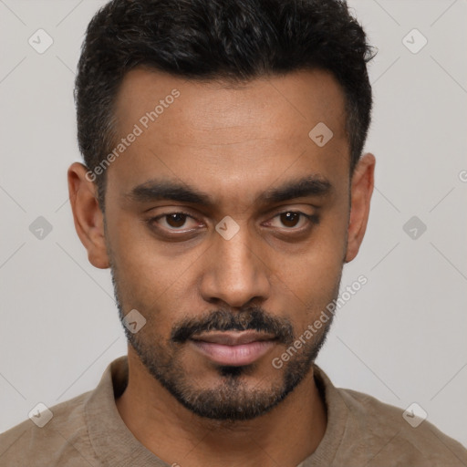 Neutral latino young-adult male with short  black hair and brown eyes