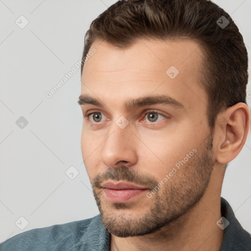 Neutral white young-adult male with short  brown hair and brown eyes