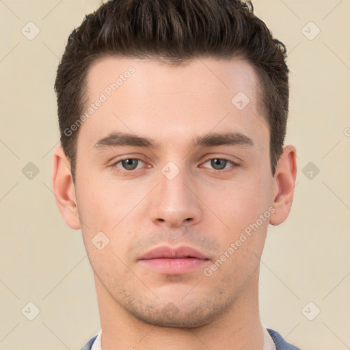 Neutral white young-adult male with short  brown hair and brown eyes