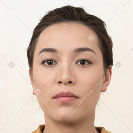 Neutral white young-adult female with medium  brown hair and brown eyes