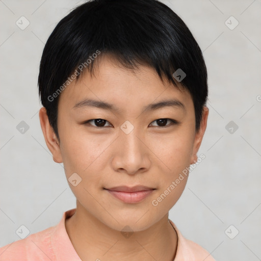 Joyful asian young-adult female with short  brown hair and brown eyes