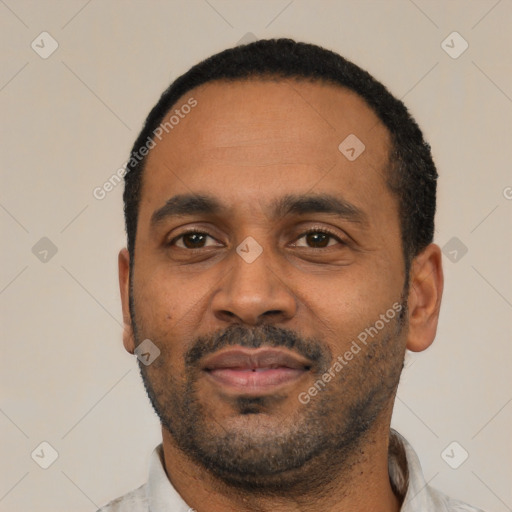 Neutral latino adult male with short  black hair and brown eyes