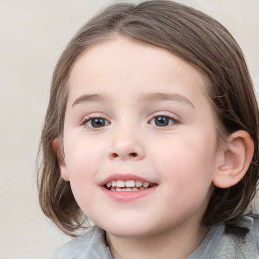 Joyful white child female with medium  brown hair and blue eyes