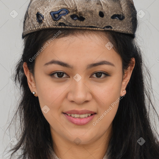 Joyful asian young-adult female with long  brown hair and brown eyes