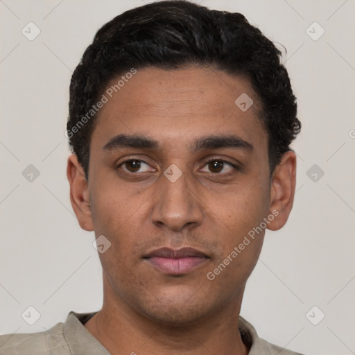 Neutral latino young-adult male with short  black hair and brown eyes