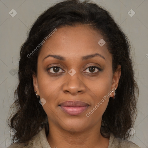 Joyful black young-adult female with medium  brown hair and brown eyes