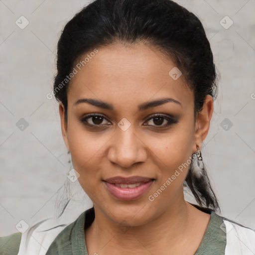 Joyful latino young-adult female with medium  brown hair and brown eyes