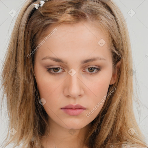 Neutral white young-adult female with long  brown hair and brown eyes